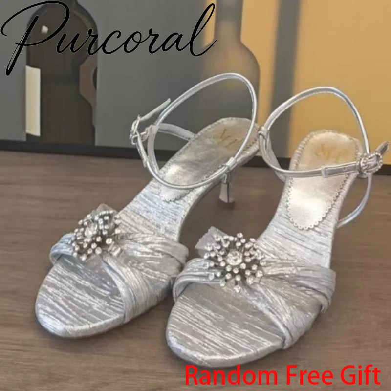 Random Free Gift 2026 New Silver Textured Satin Women Sandals Crystal Floral Rhinestone Ankle Strap Heel Slingback High Heels
