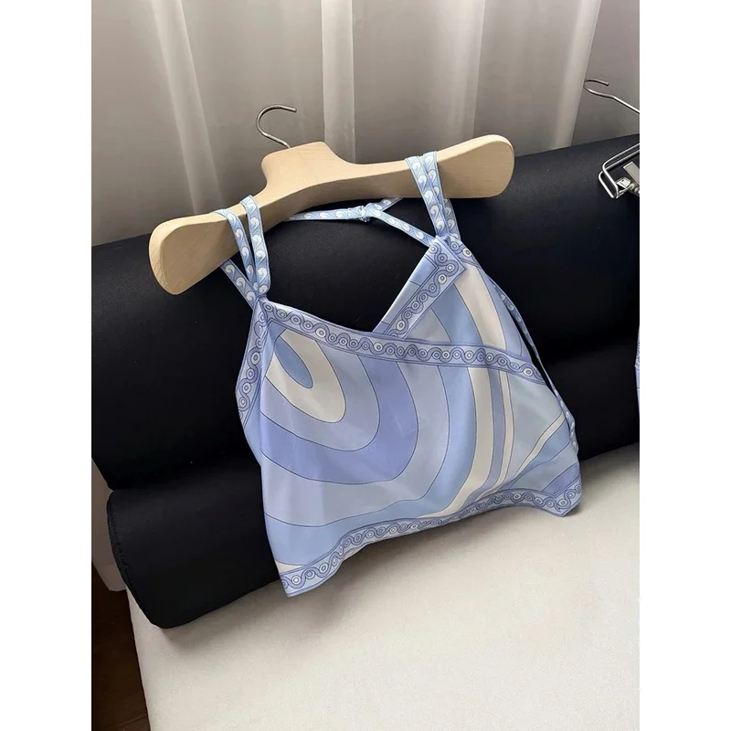 Summer Fashion Beach Tourism Geometric Print Asymmetrical Tops Women's Sexy Strapless Spaghetti Strap High Waist Slim Top