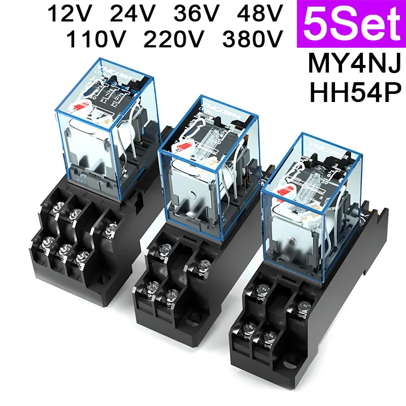 5 Set MY4NJ MY4N-J Small Electromagnetic Power Relay AC/DC 12V 24V 36V 48V 110V 220V 380V 4NO 4NC DIN Rail 14Pin Base Mini Relay