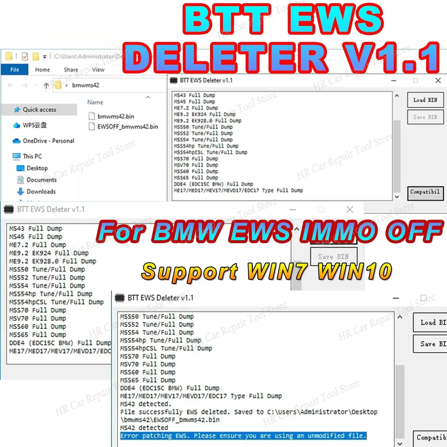 BTT EWS DELETER V1.1 for BMW IMMO OFF BTT EWS DELETE Support MS41 MS42 MS43 MS45 ME7.2 ME9.2 MSS54 ME17/MED17 ECU Dump File