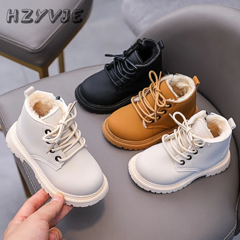 Winter Children's With Plush Leather Boots Boys Casual Sports Short Boots Girls Anti-Slip Snow Boots Kid's Casual Cotton Shoes