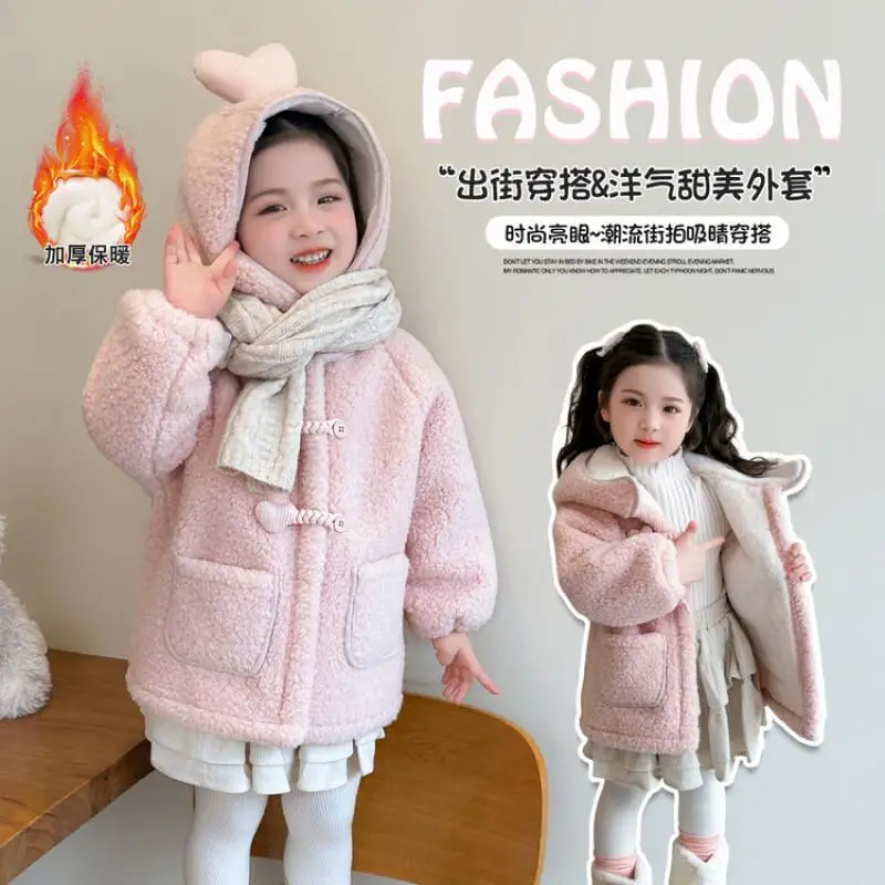 

Hot Girls' Thicken Coat Autumn Winter New Style Children's Fashionable Warm Winter Clothing Casual Hooded Woolen Sweater Tops