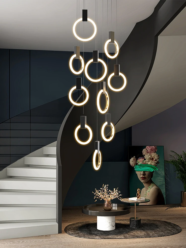 

Stair Chandelier Modern Pendants Lighting Led Indoor Living Room Restaurant Compound Building Lamps Villa Long Line Chandelier