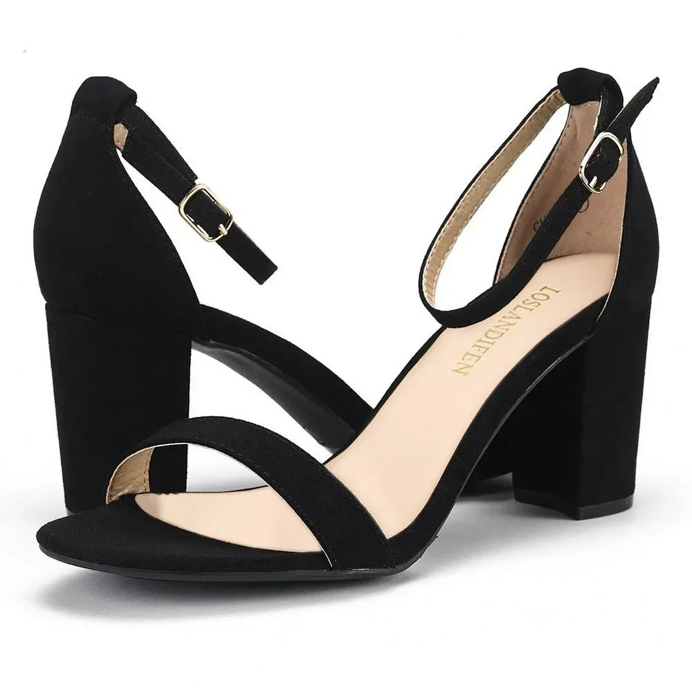 LOSLANDIFEN Women High Heels Sandals Women New Summer Shoes Woman Fashion Buckle Strap Square Heel Flock White Open Toe Sandals