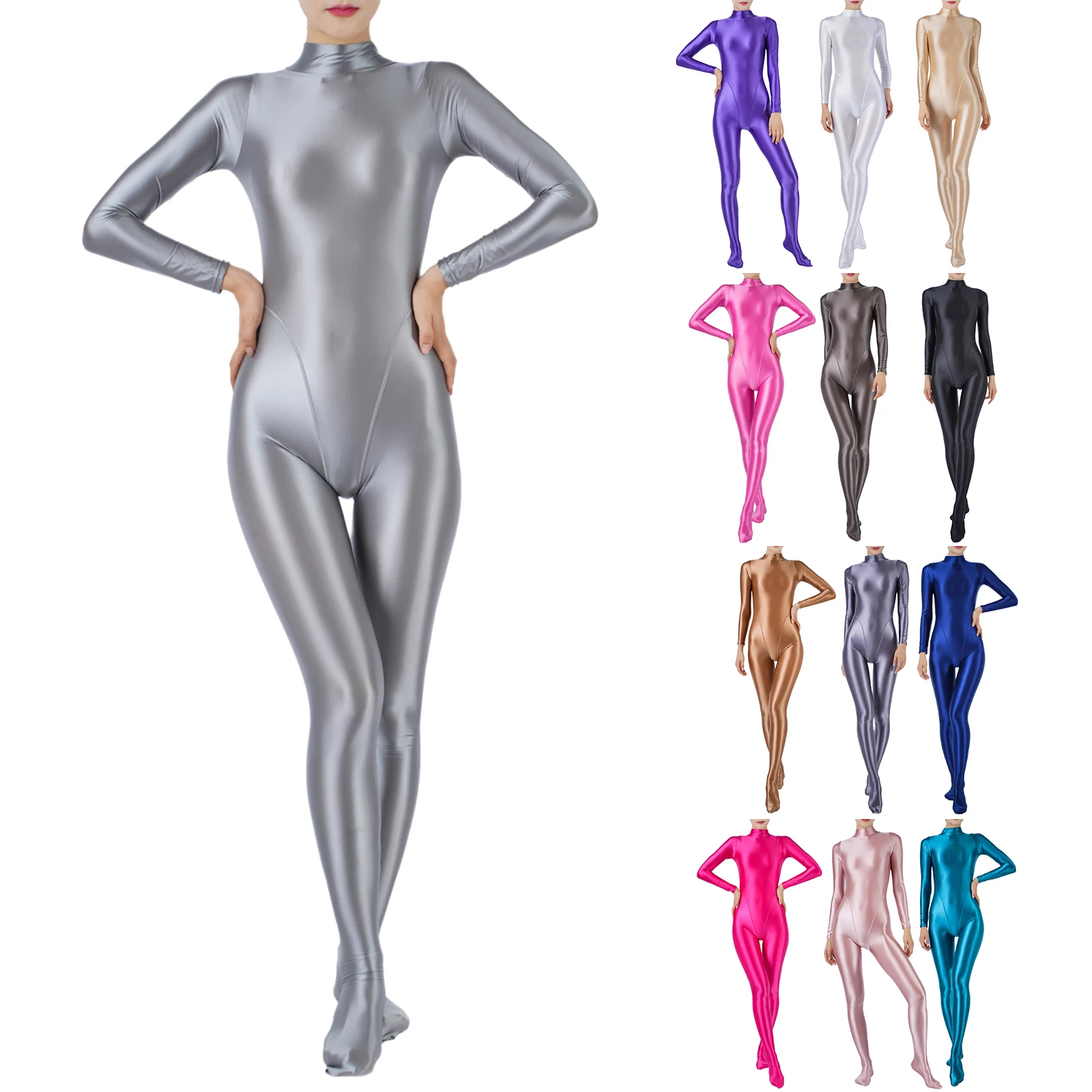 Womens Oil Shiny Glossy Jumpsuit Mock Neck Long Sleeve Full Body Tights Bodysuit Gym Workout Fitness Yoga Rash Guard Swimsuit