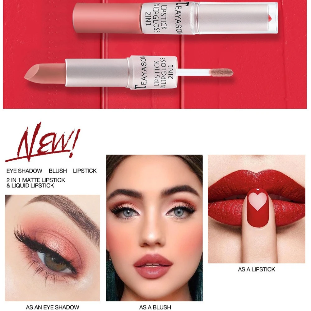 2-in-1 Double-Ended Matte Lipstick & Blush/Creamy Eyeshadow Stick Waterproof Long-Lasting Moisturizing For Daily & Party Makeup