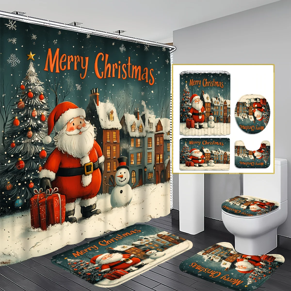 4pc 2D Flat Christmas Bathroom Set, Santa & Snowman Print, Winter Snowflake Theme, Machine Washable, Mats & Toilet Cover