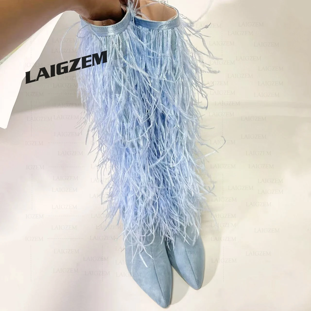 

LAIGZEM Women Knee High Boots Side Zip Pointed Toe Fluffy Hair Thin High Heels Tall Boots Ladies Shoes Woman Big Size 37 41 44