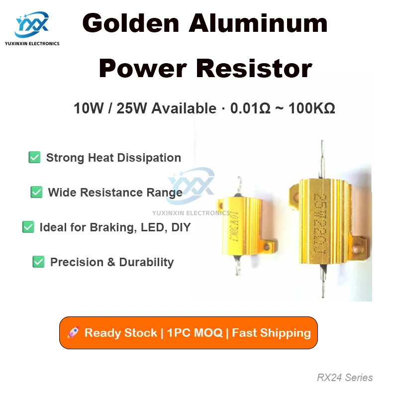 1PCS RX24 Power Resistor 10W 25W 0.01R to 100K Aluminum Shell Resistencia for DIY Electronics LED Braking Load Heatsink Project