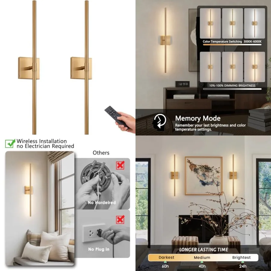 

Battery Operated LED Wall Sconces Set of 2, 25" Wireless Rechargeable Gold Wall Lights with Remote Control, 3 Color Stepless Di