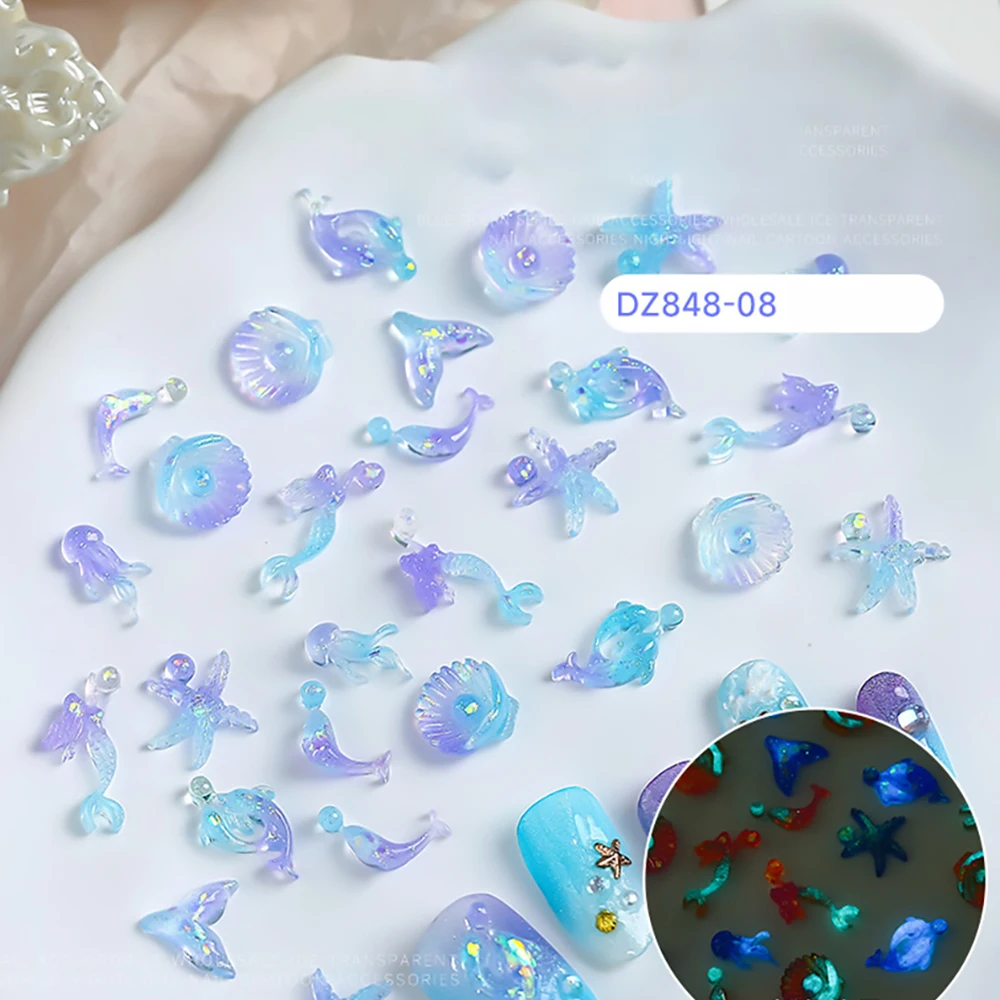 50PCS Creative Ocean Blue Nail Accessories New Jellyfish Shell Starfish Resin Luminous Gradient Cartoon DIY Jewelry Supplies