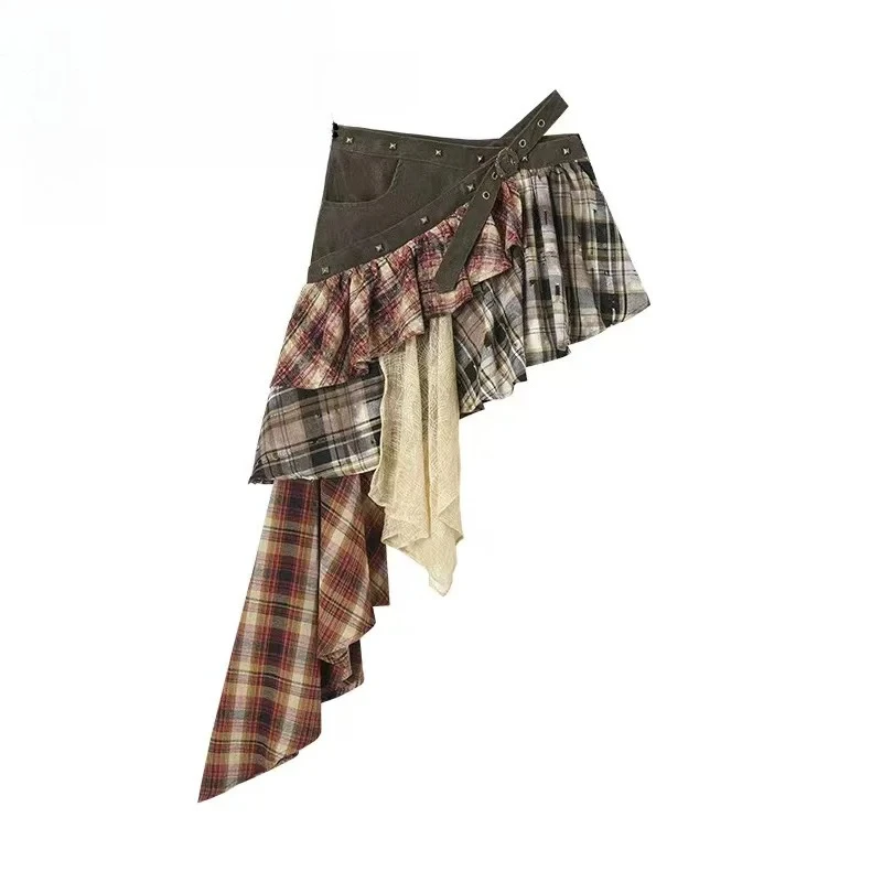 Women's Maillard Grid Splicing Skirt Y2K Irregular Stacked Japanese Harajuku Street Fashion Academy Retro Mini A-line Skirt