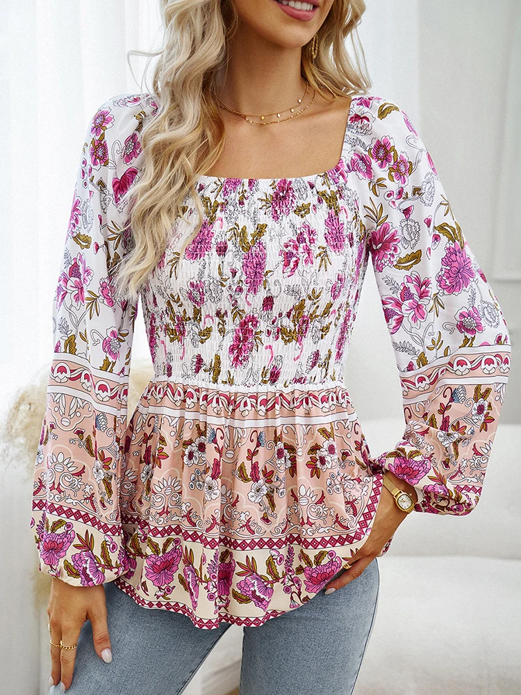 KHALEE YOSE Boho Floral Printed Blouse Shirt Off The Shoulder Vintage Chic Women Vocation Casual Holiday Ladies Dresses Vestidos