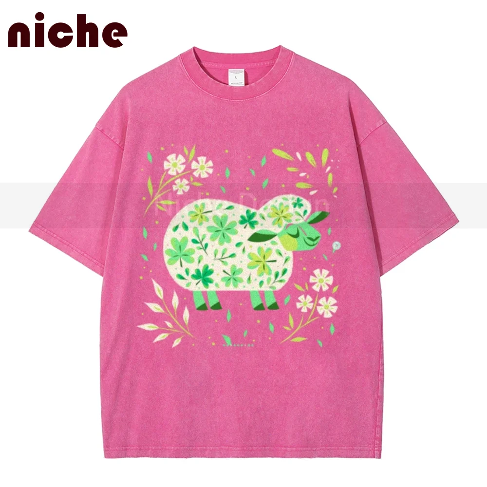 

Unisex Vintage Washed Crew Neck T-Shirt Cute Green Wreath Lamb Print 300g High-Quality Short-Sleeved Top Daily Wear