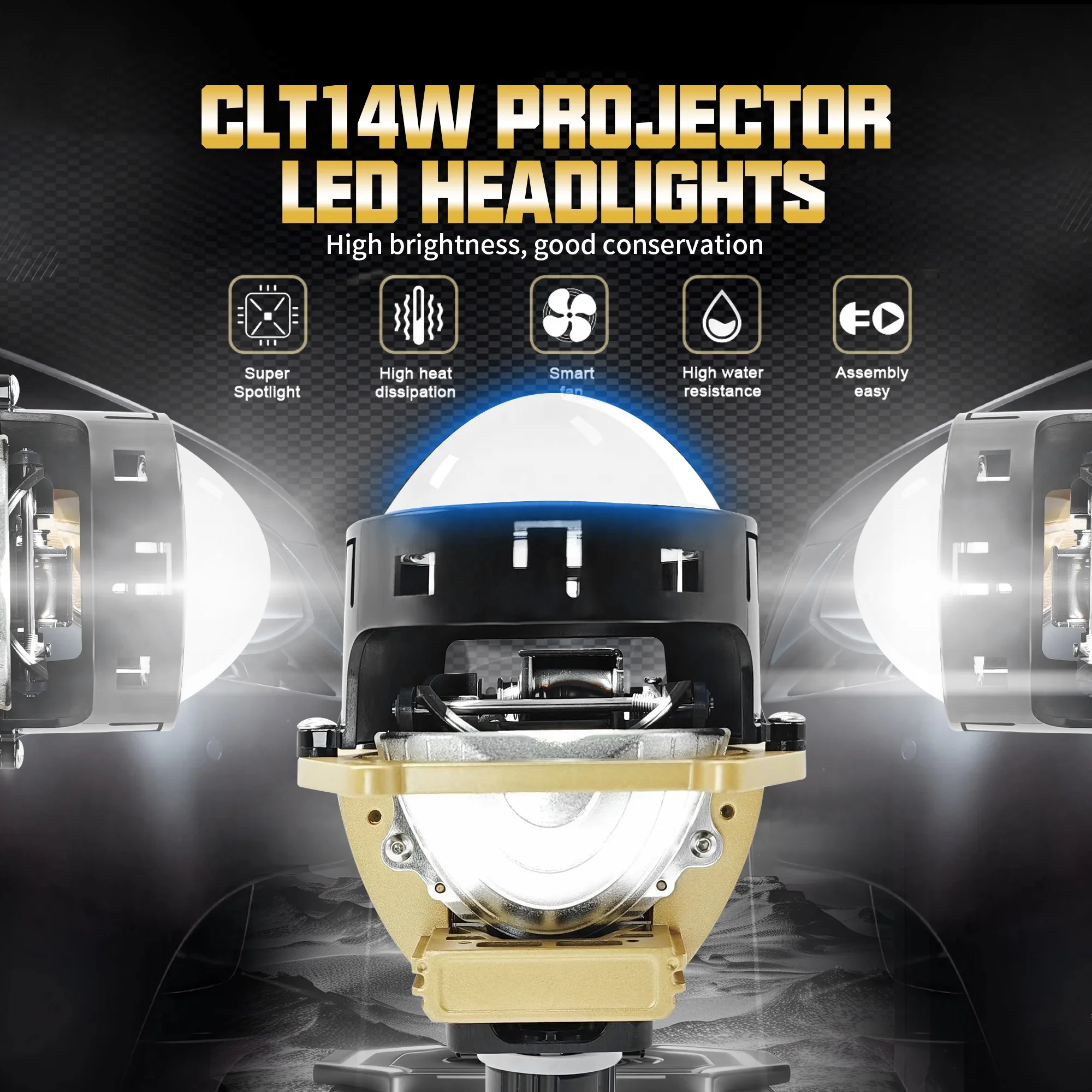 Newly designed 3-inch 110W dual LED projector lens, non-destructively mounted with tri-color, white, warm, white, and yellow car