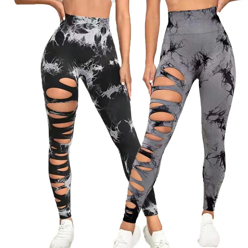 

Multi-color new seamless broken holes tie-dye yoga pants female printing high-waisted hip-lifting sports running fitness pants