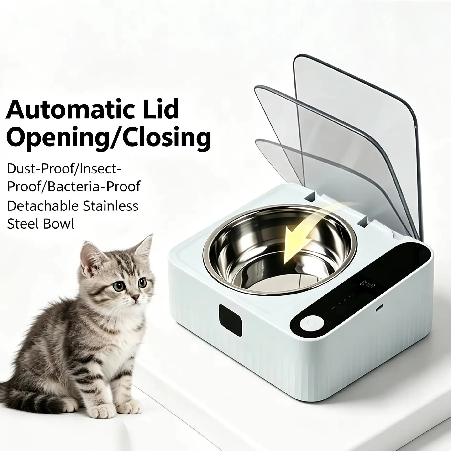 Pet Smart Infrared Sensor Open Lid Cat Bowl Stainless Steel with Lid Dustproof Insect-proof and Moisture-proof Pet Bowl