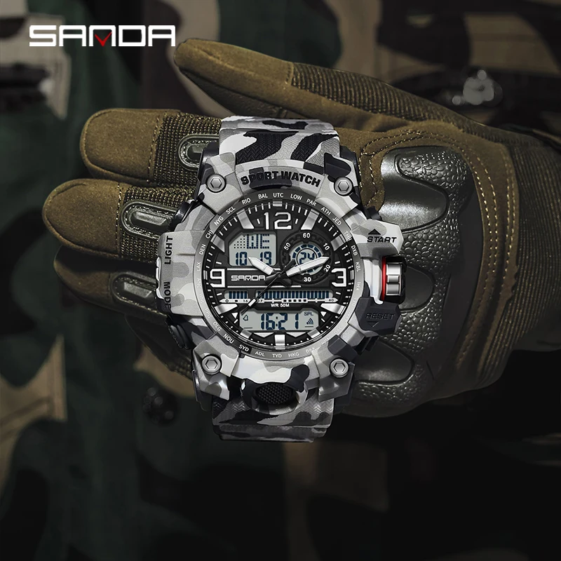 SANDA Fashion Camo G Style Military Men Watch LED Digital Outdoor Sport Electronic Stopwatch Waterproof Watches Casual Men Watch