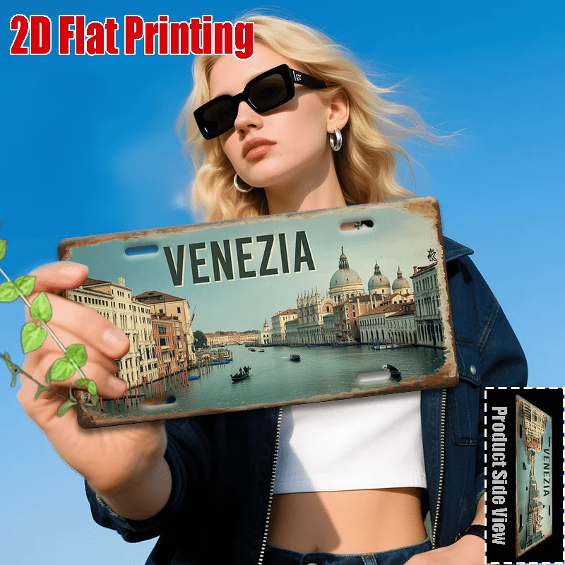 2D Flat, 2D Flat- 2D Printed Sign, 1pc, Vintage Metal Tin Sign, Venice Logo(11.8X 5...22.86cm), Thanksgiving Gift, Nostalgic Sty