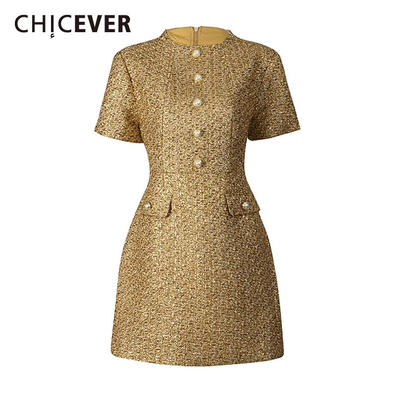 

CHICEVER Новое женское платье с пайетками, однотонное, с круглым вырезом, коротким рукавом, свободного кроя, элегантное, для офиса, осенняя мода