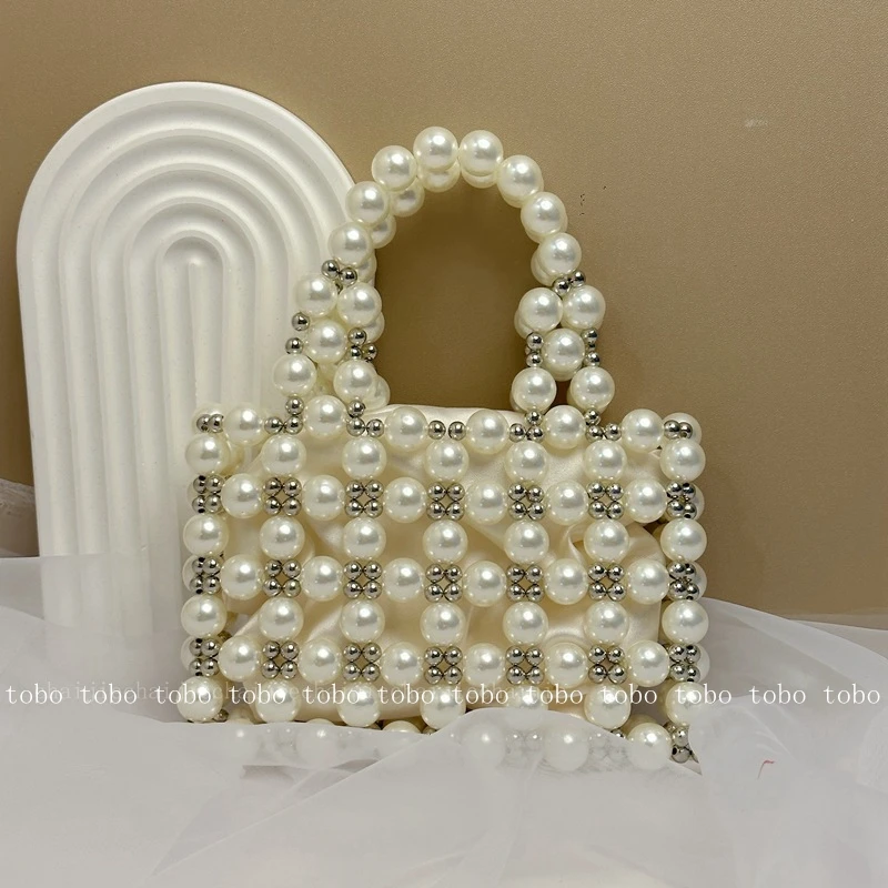 

Pearl Beaded Woven Hollow Out Designer Little Tote with Inner Bag Original Homemade Trendy Evening Party Handbags for Women