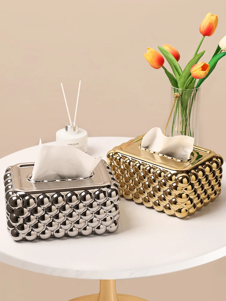 

Ceramic Tissue Box Golden Polka Dot Bump Desktop Storage Organization Napkin Holder Dining Table Paper Box Paper Napkins