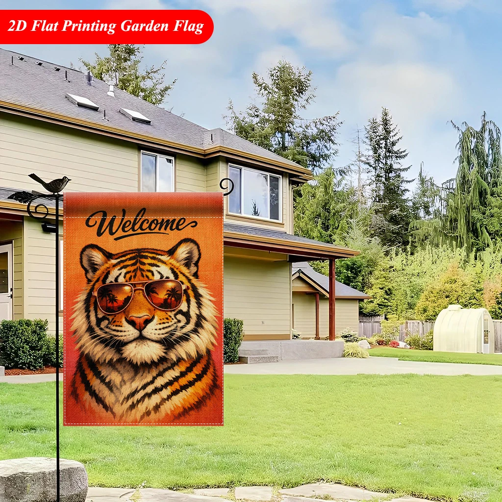 1pcs Welcome Summer Cool Tiger Garden Flag 2D Flat Printed Tropical Sunset Outdoor Yard Decor Flag No Pole