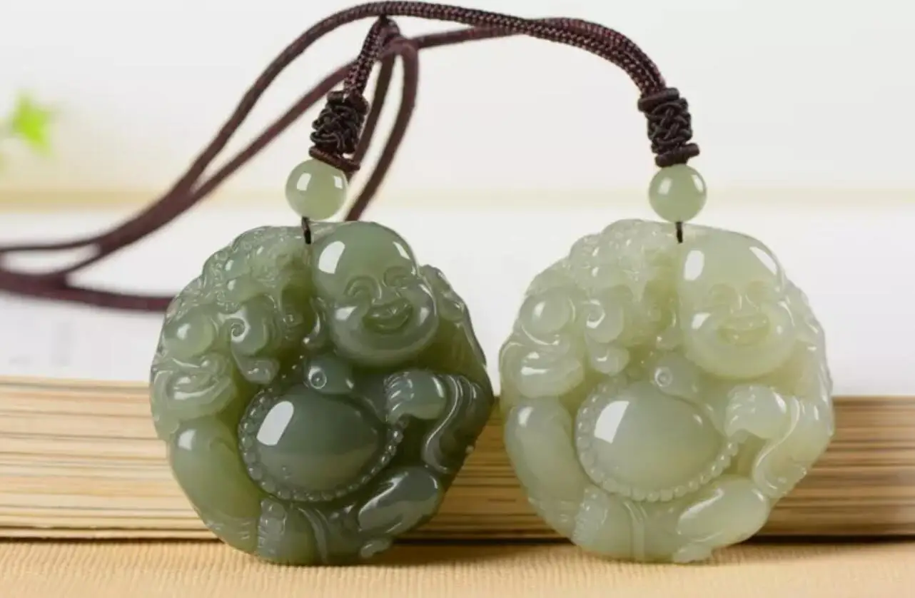 

2pc Nature Grade AAA Green White HeTian Jade Carving pendant Maitreya Buddha PiXiu