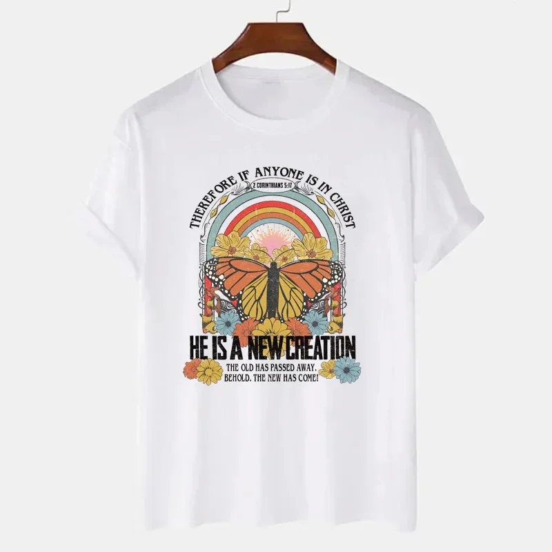 New Creation Jesus Christian Cotton T-shirts 2 Corinthians 5:17 Graphic T-shirt Short Sleeve Faith Shirt Women Bible Verse Tops