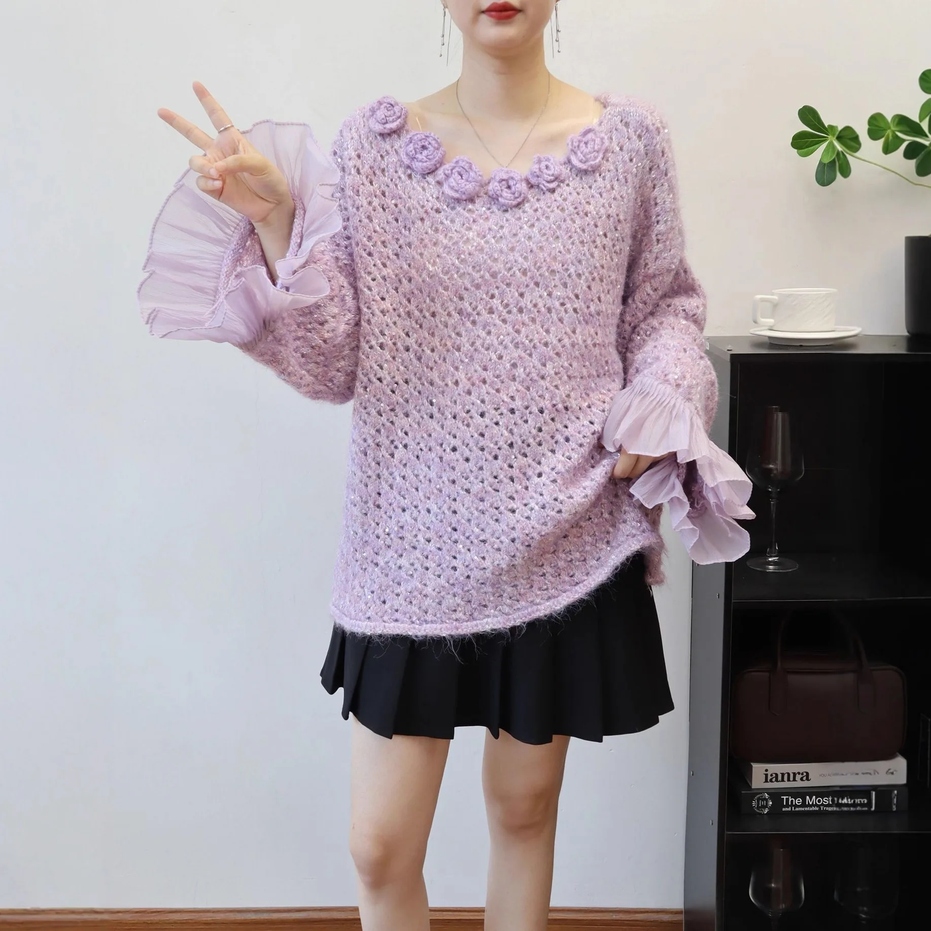 

Women Cut Out Pullover Sweater Knitted Sequin Jumper 3D Floral O Neck Long Sleeve Slight Stretch Loose Fit Casual 2025 Autumn