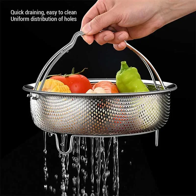Stainless Steel Steam Basket With Foldable Handle Vegetables and Fruits Drain Basket For Rice and Soup Separation Steaming Rack