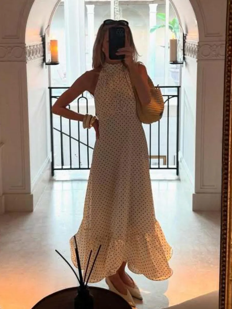 Articat エレガントなノースリーブ水玉サテンロングドレス女性のセクシーな背中の開いたボディコンパーティークラブイブニングドレススリム Vestidos