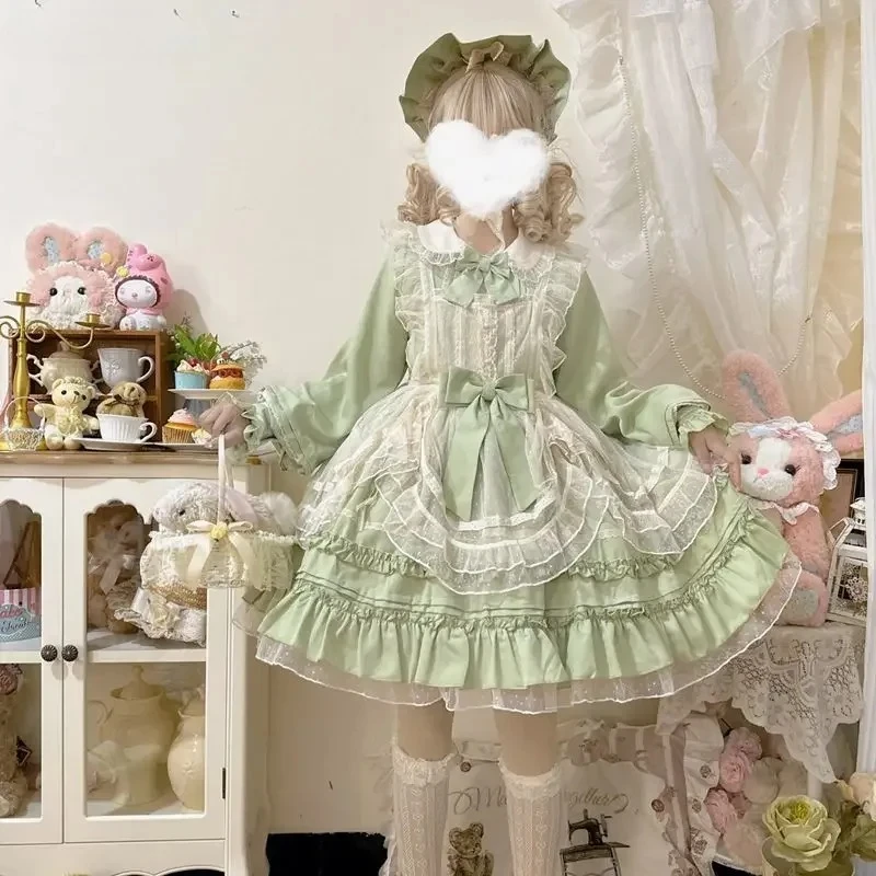 Women Vintage Elegant Lace Mesh Bow Green Dresses Harajuku Victorian Girly Kawaii Tea Party Dress Sweet Lolita Princess OP Dress