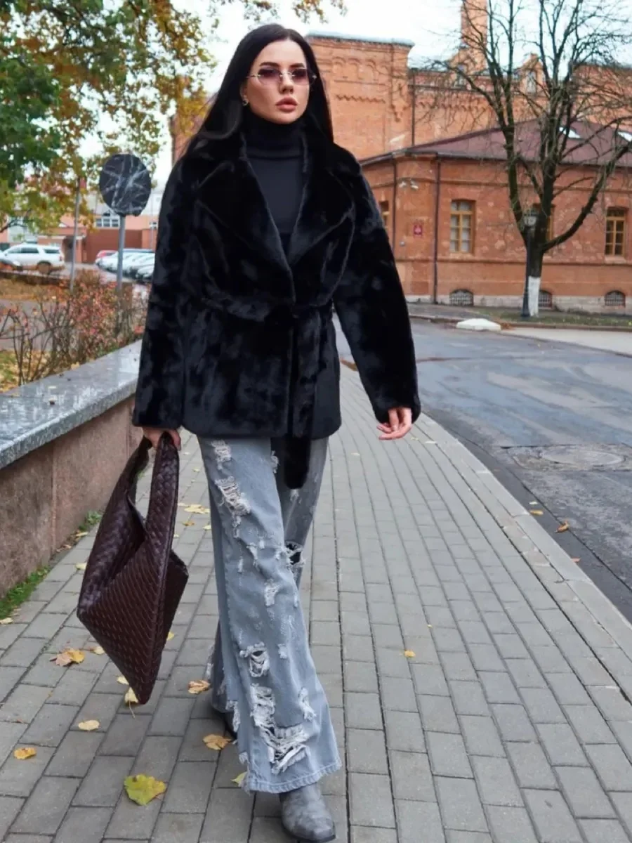 Black Faux Fur Shawl Collar Belted Short Coats Chic Long Sleeve Fluffy Warm Jacket Winter Daily Street Soft Chic Outerwear Top