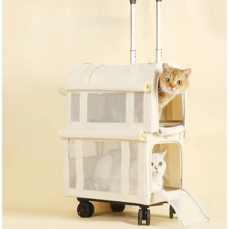 High Aesthetic Pet Trolley Box 2-layers Design Cat Basket Breathable Comfortable Transport Case Convenient Travel Pet Trolley