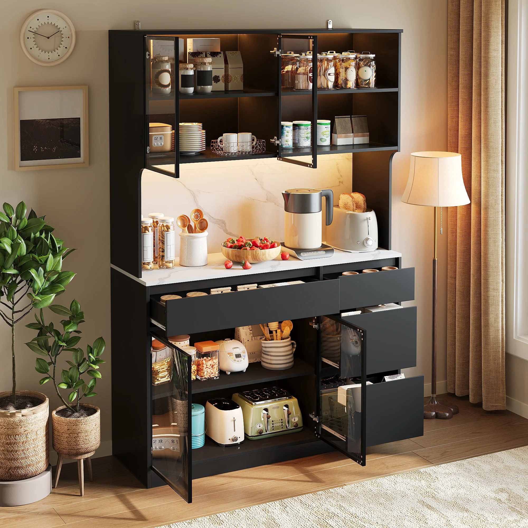 Buffet haut de gamme avec éléments en verre, corps en MDF, section centrale en marbre, éclairage LED intégré, finition noir-blanc, rangement polyvalent pour salle à manger et salon