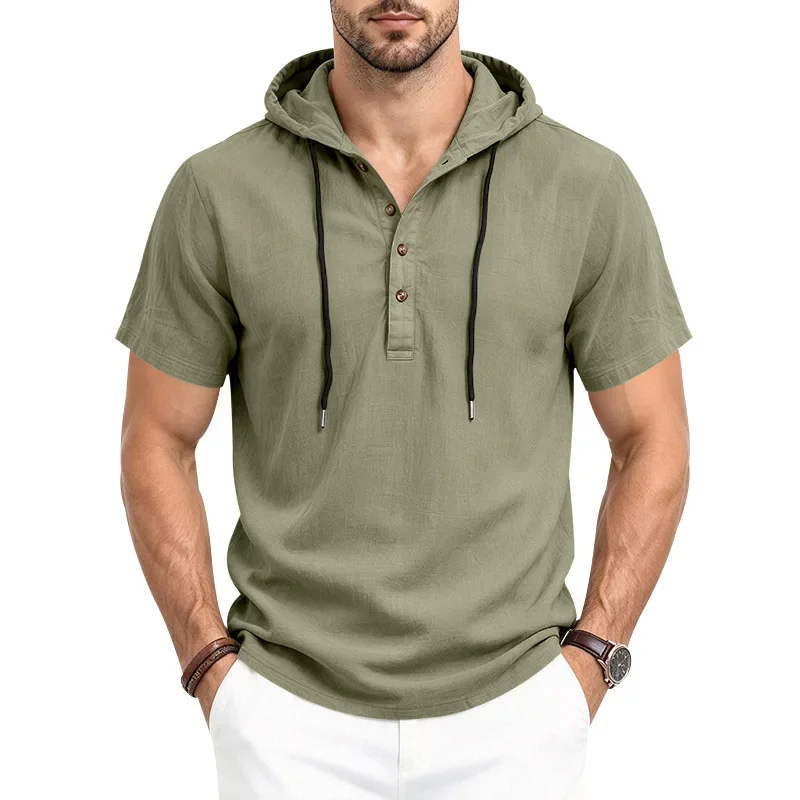 Linen hooded short-sleeved Henry, European size plus size men's summer casual t-shirt factory spot