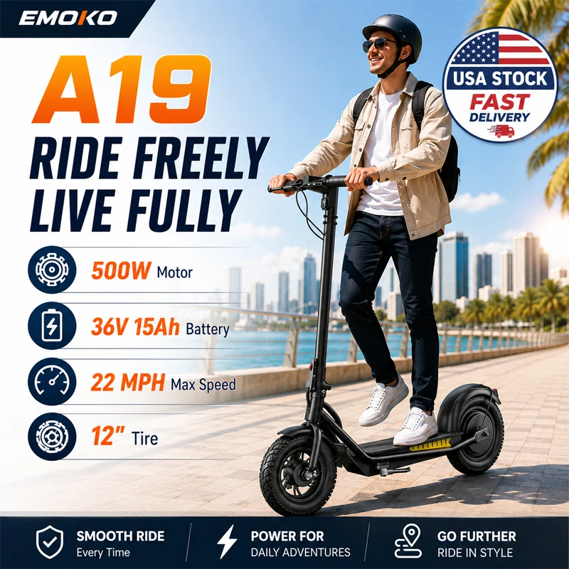 EMOKO A19 E-Scooter for Adults 500W Motor 22MPH Max Speed 36V 15Ah Lithium Battery  12