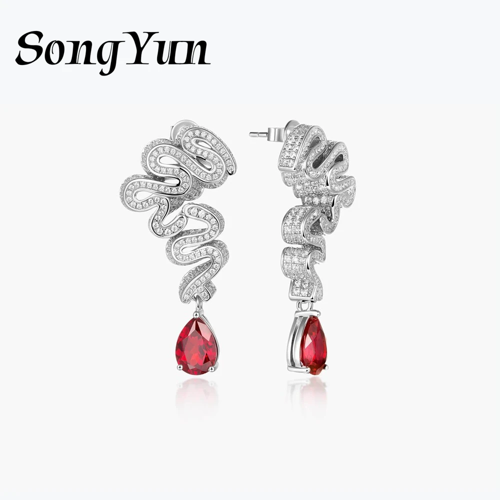 

SONGYUN Luxury Jewelry 925 Sterling Silver Earrings Lab Grown Ruby Heart Evening Wear for Women 18K Gold Plated Anniversary Earr