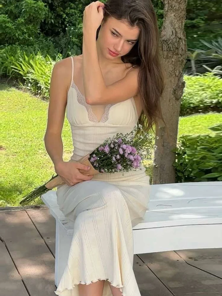 

Macheda Y2K Sweet Style Maxi Dress Women Lace Patchwork Low-Neck Backless Sleeveless Vacation Street Fashion Elegant Vestidos