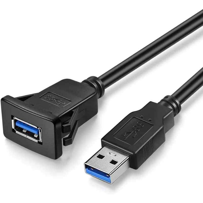 1M 3ft Square Single Port USB 3.0/2.0 Panel Flush Mount Extension Data Cable for Car Truck Boat Motorcycle Dashboard