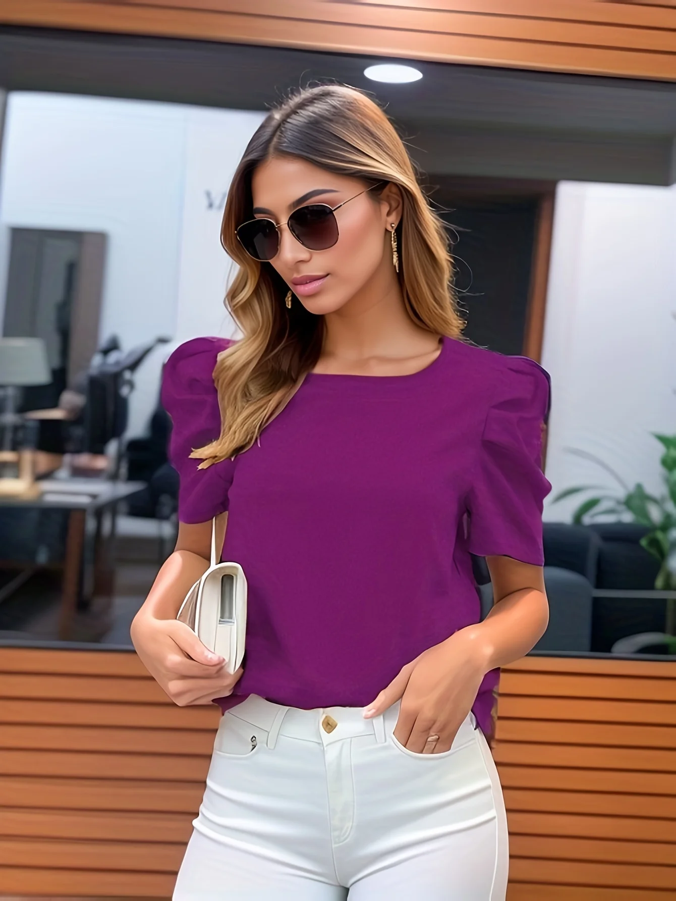 Casual Pullover Blouse Solid Crew Neck Blouse, Elegant Ruched Sleeve Blouse For Spring & Summer, Women\'s Clothing