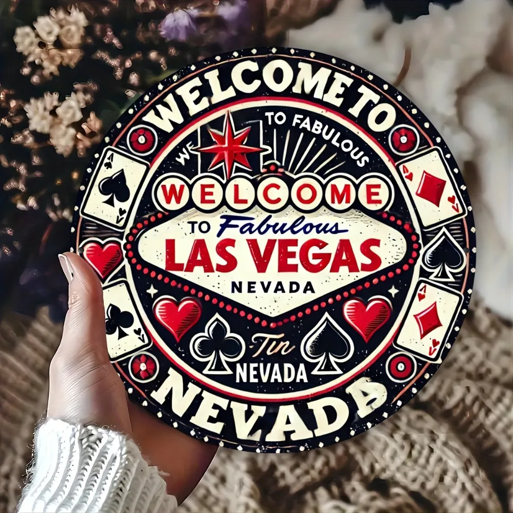 Letrero de pared de metal vintage de Las Vegas Nevada, decoración redonda de póker retro con tarjetas y dados, arte de cafetería para el hogar, uso en fiestas de póker