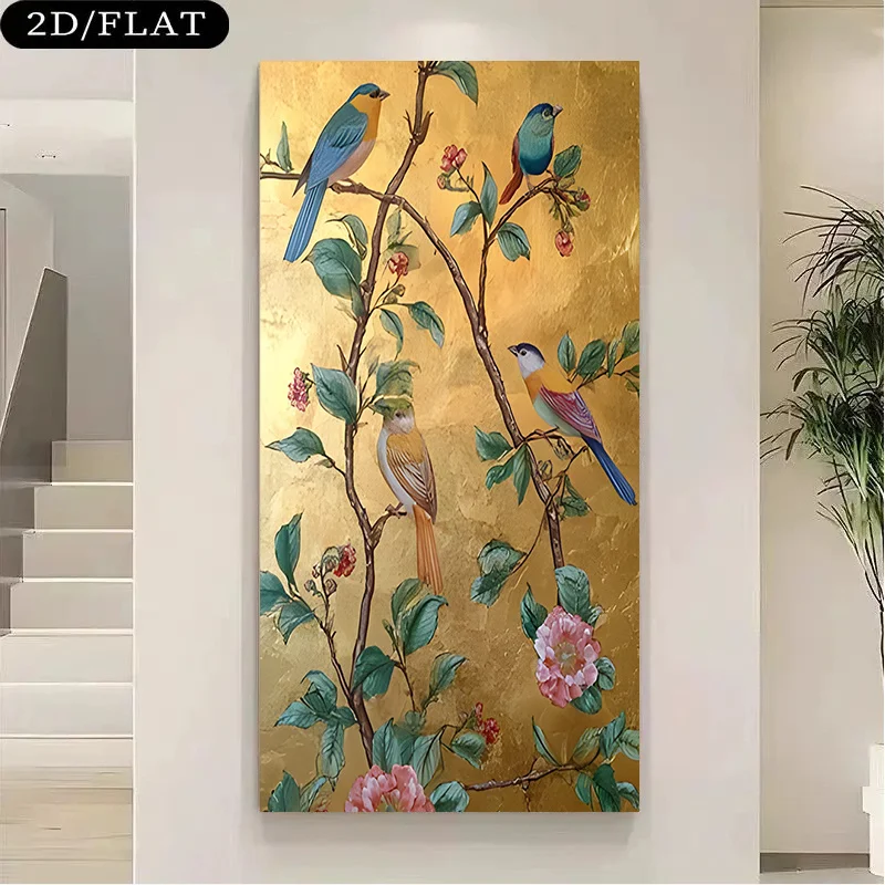 

2D Flat Large Modern Colorful Birds Golden Background Canvas Wall Art, Frameless Vibrant Flowers Artworks for Living Room Decor