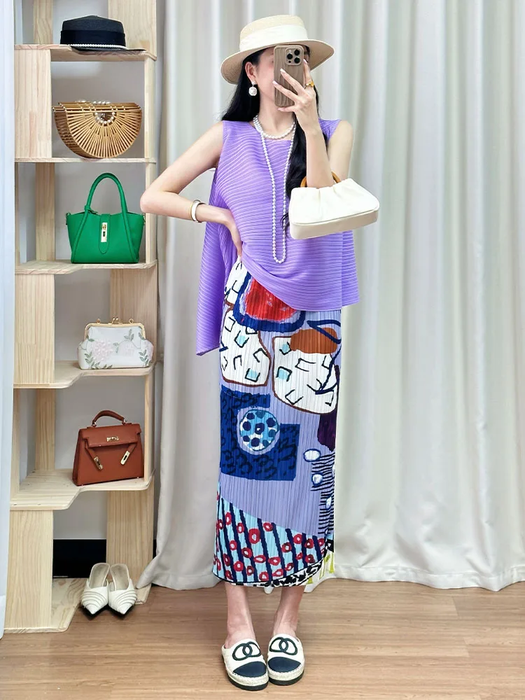 

Летний фиолетовый круглый плиссированный комплект из топа и юбки Ne Svel, женский модный дышащий костюм из двух предметов из полиэстера для взрослых