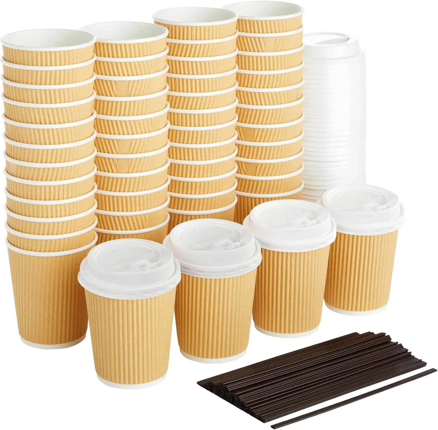 

Disposable Coffee Cups with Lids & Straws - 8-Ounce, Brown Ripple, 50 Count - Insulated Disposable Paper Cups for Hot Co