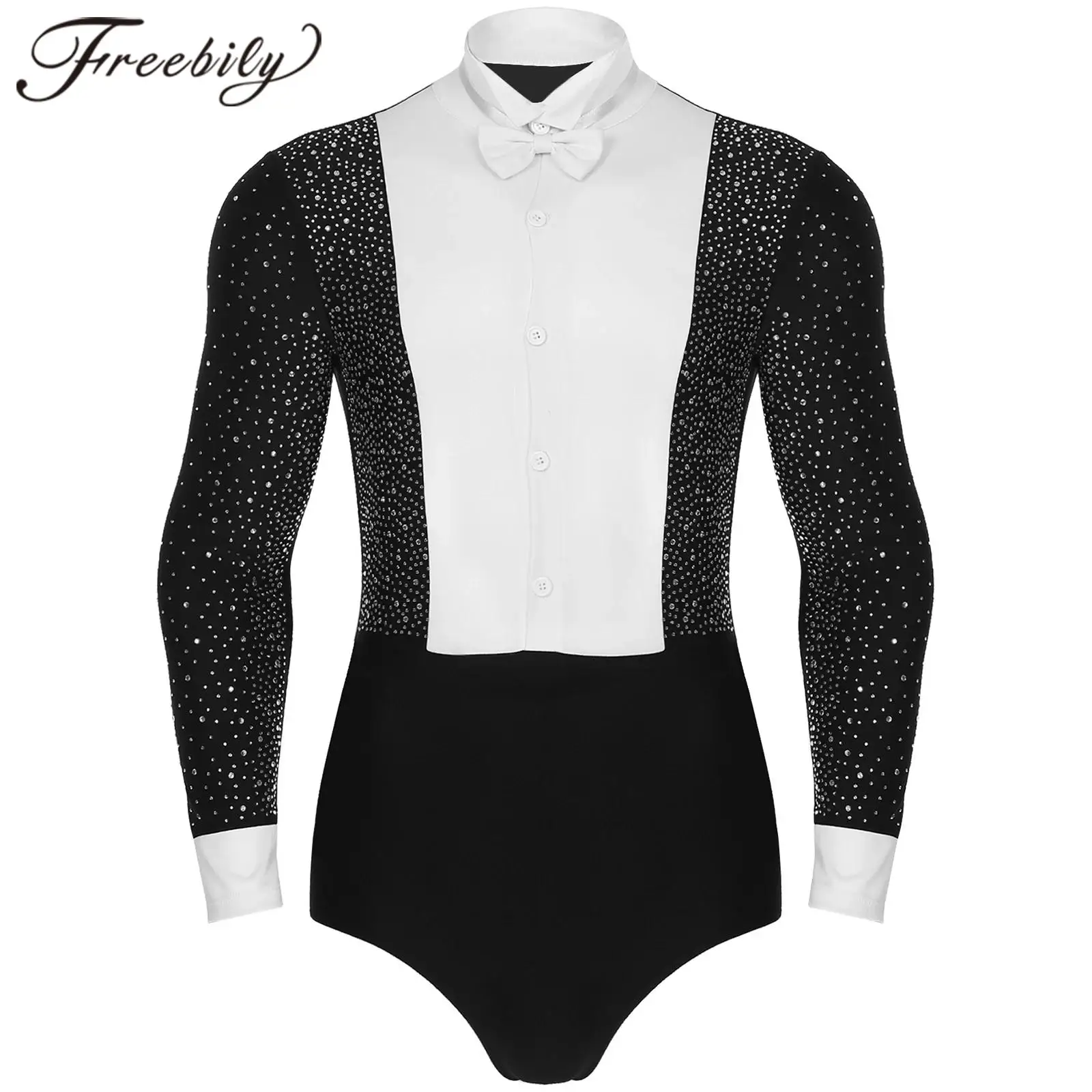 Men Latin Rumba Ballroom Gymnastics Leotard Dance Costume Long Sleeves Shiny Rhinestones Shirts Bodysuit with Bowtie Dancewear