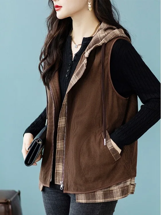 Authentic Women's Vest 2026 Autumn Fashionable Hooded Jacket Stylish Trendy Outerwear Polyester Fiber Zipper Closure