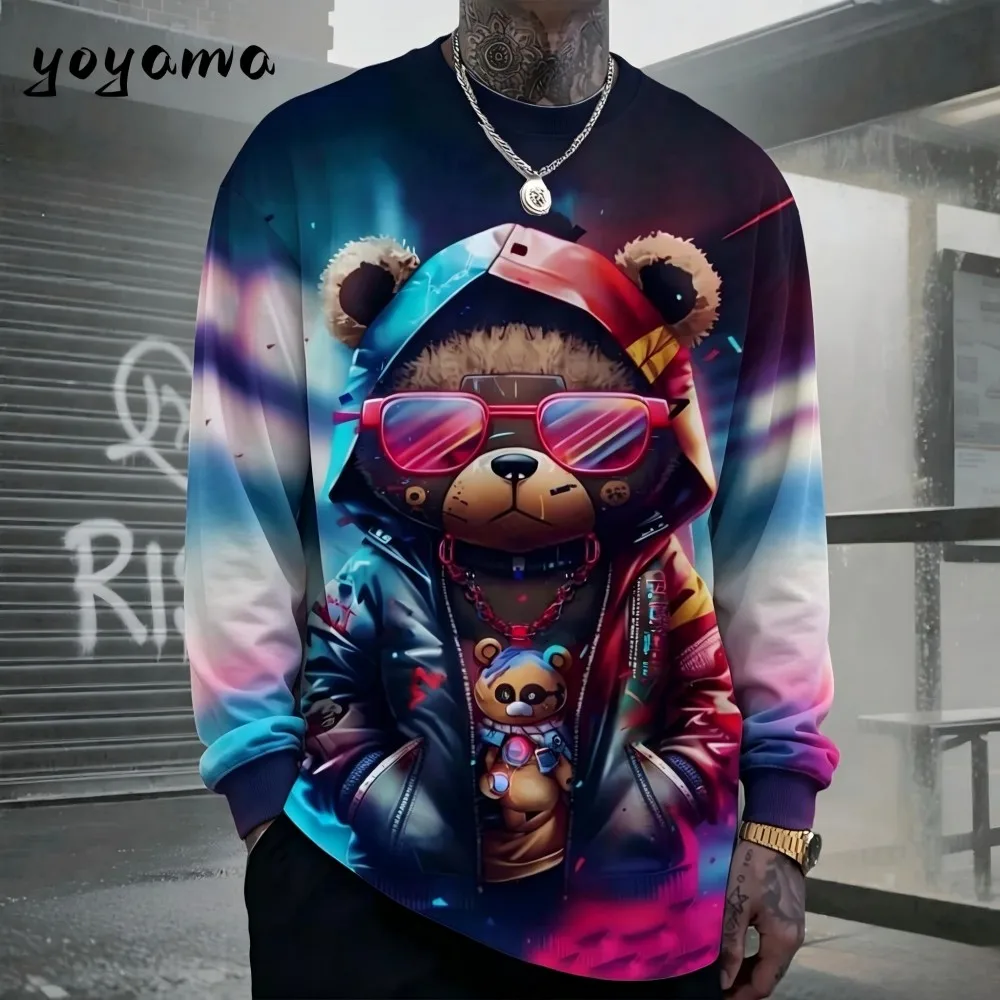 Men's autumn skateboarding teddy bear letter print micro elastic comfortable round neck long sleeved T-shirt outdoor casual top view 6