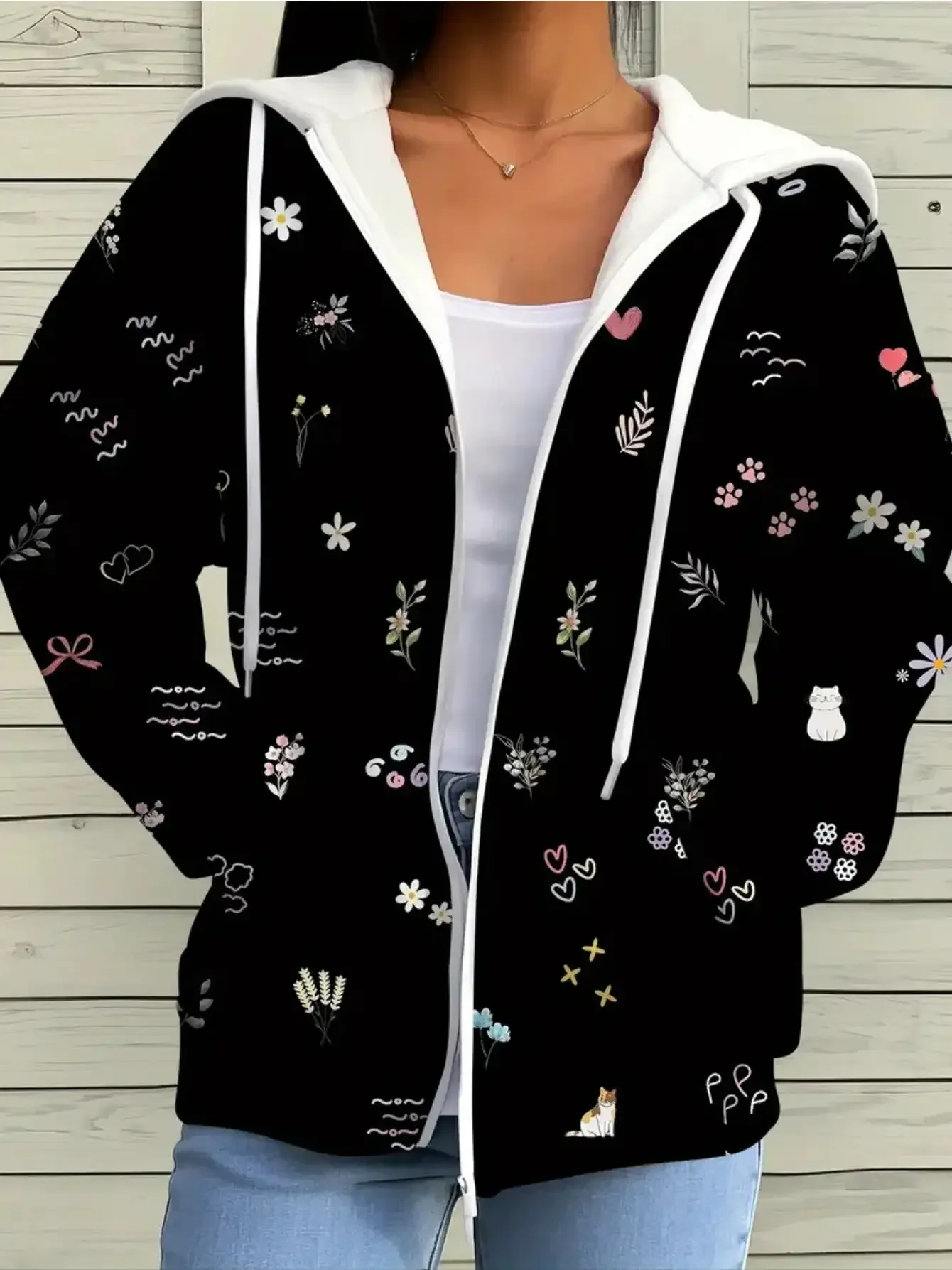 

Women's 3D Print Zippered Hooded Jacket - Retro H-Line Full-Zip Sweatshirt with Pockets, y2k hoodies